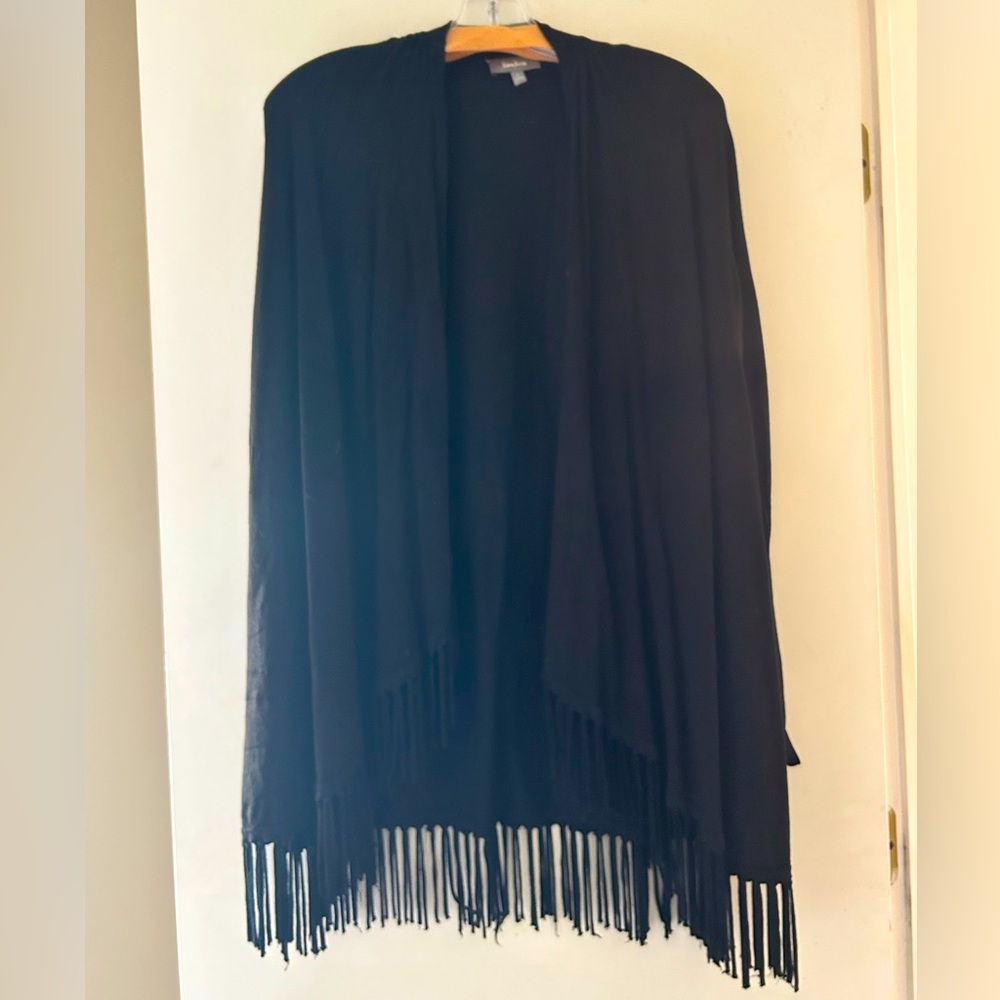 Neiman Marcus black fringe open cardigan